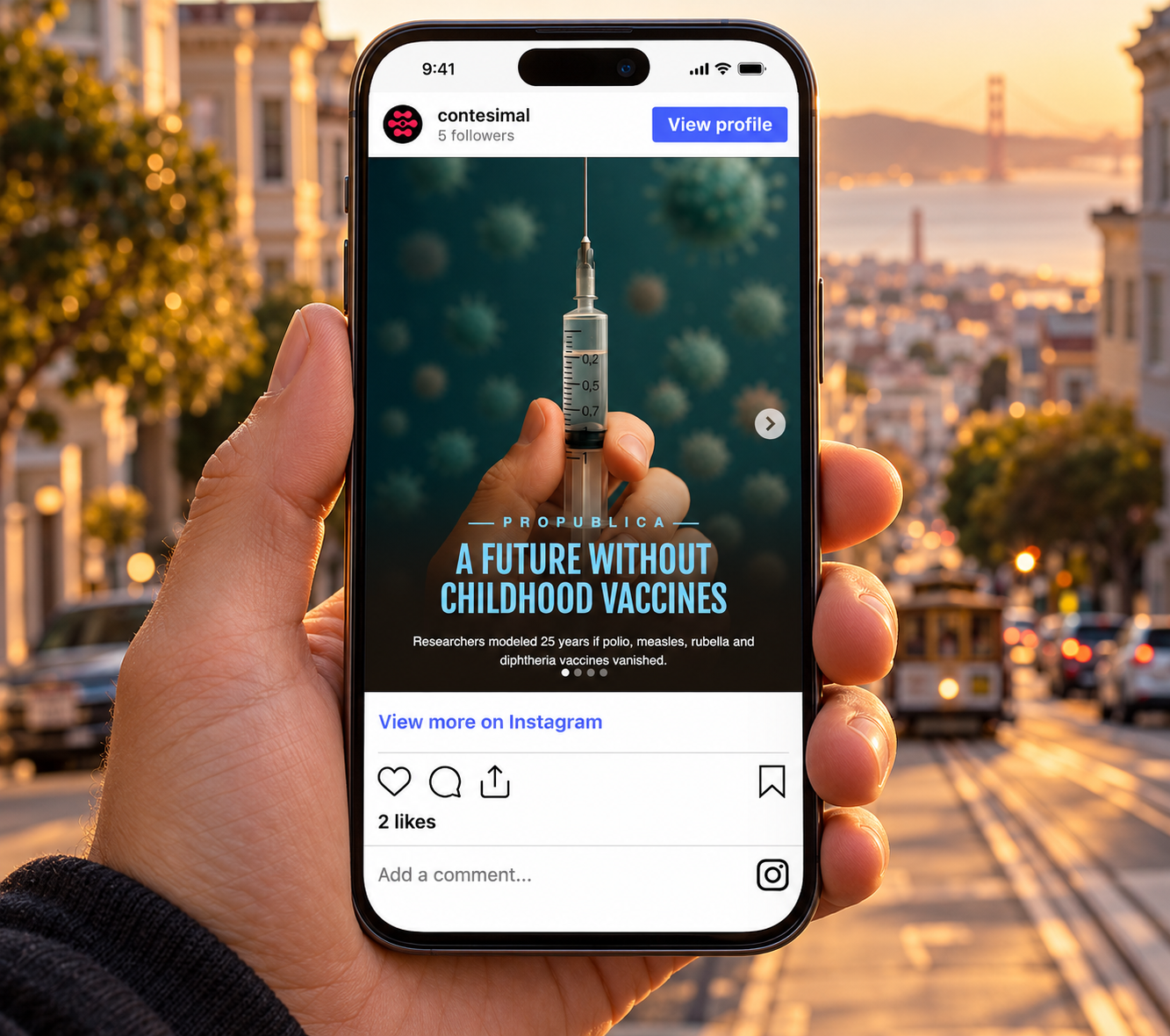 iPhone displaying Instagram post in San Francisco