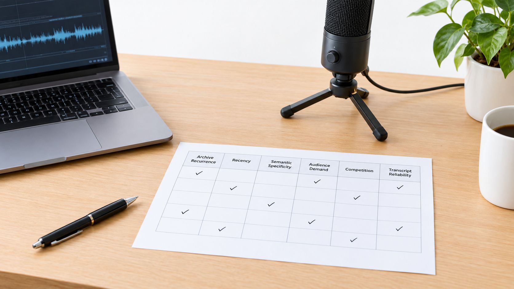 A clean desk setup with a laptop, microphone, pen, and a table identifying podcast content strategy metrics.