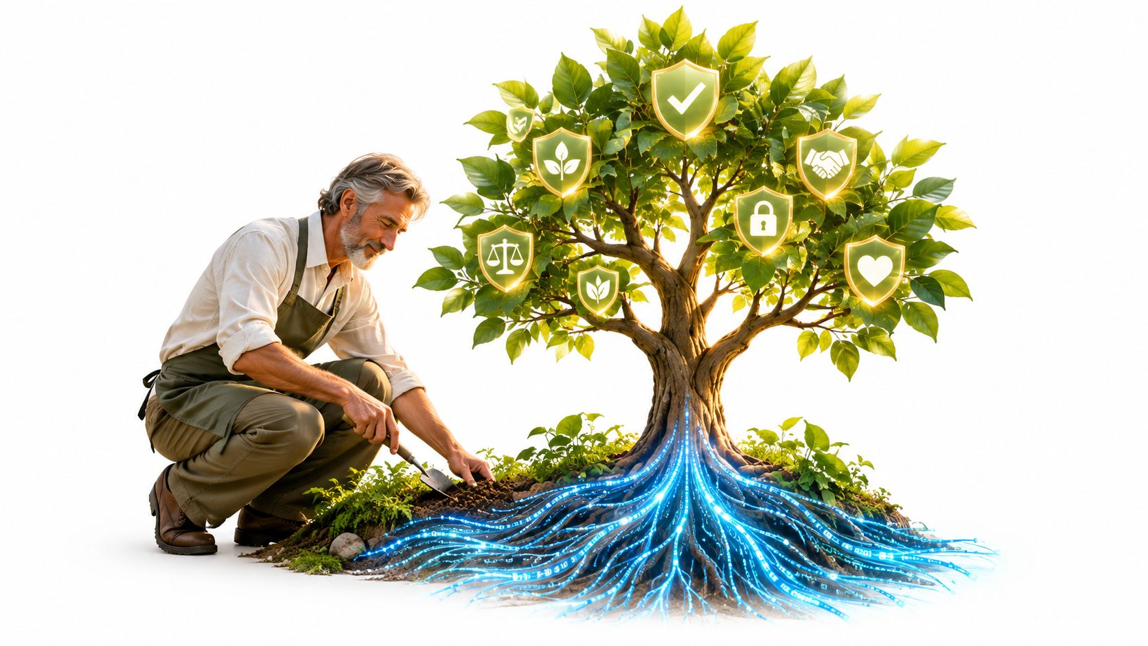 A gardener tending a digital tree with glowing fiber optic roots and symbol-adorned shields in its branches.