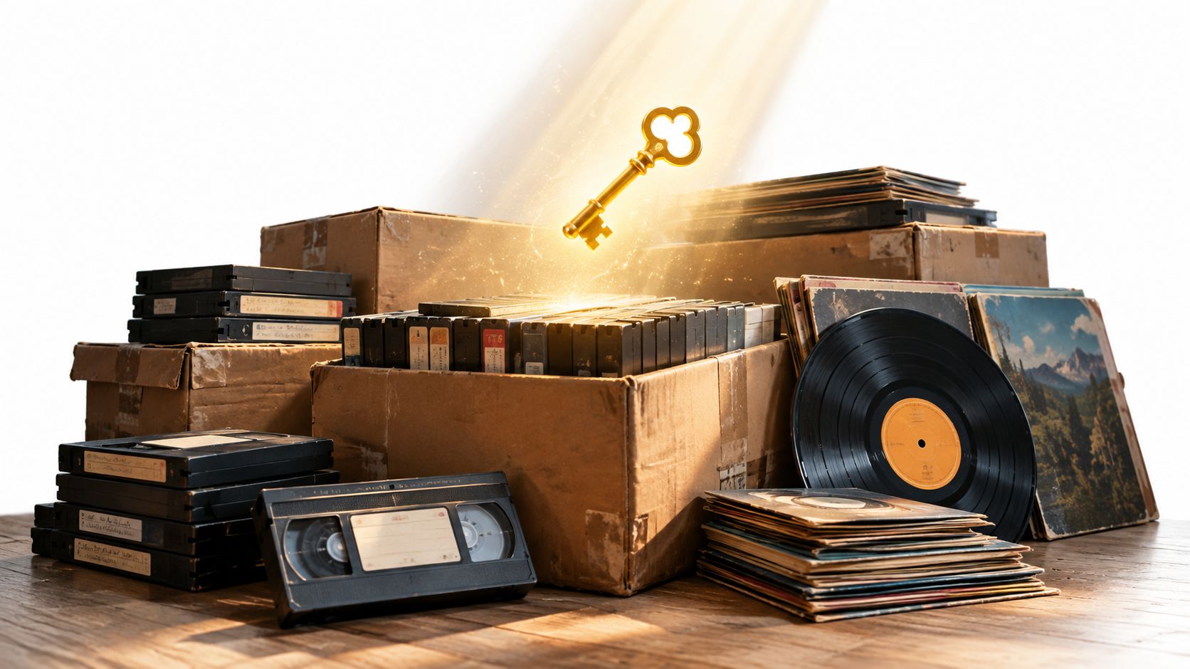 A golden key floats above a cardboard box filled with vintage VHS tapes and vinyl records