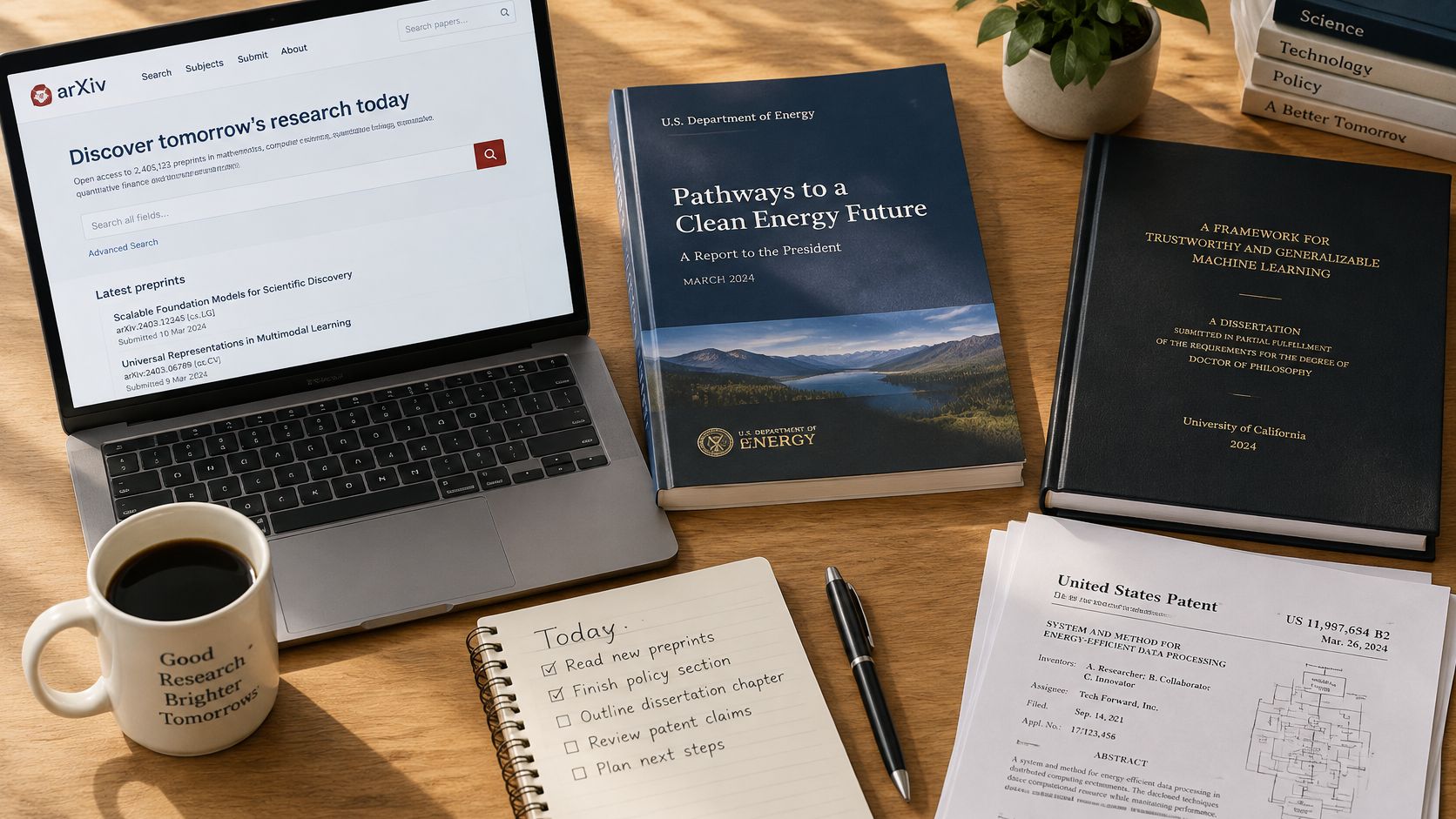 A researcher's workspace featuring a laptop showing arXiv, a policy report, a dissertation, and a patent document.