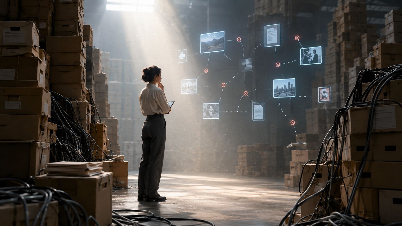 A professional woman in a warehouse examining a digital knowledge graph interface floating in the air.