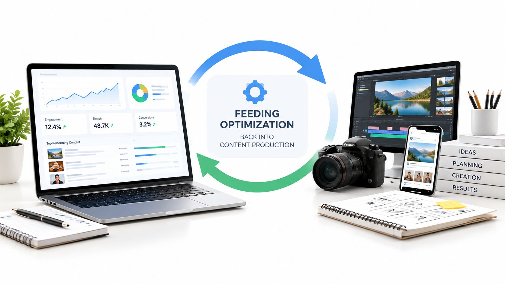 A digital marketing workspace showing data analytics on a laptop and content creation tools on a desk.