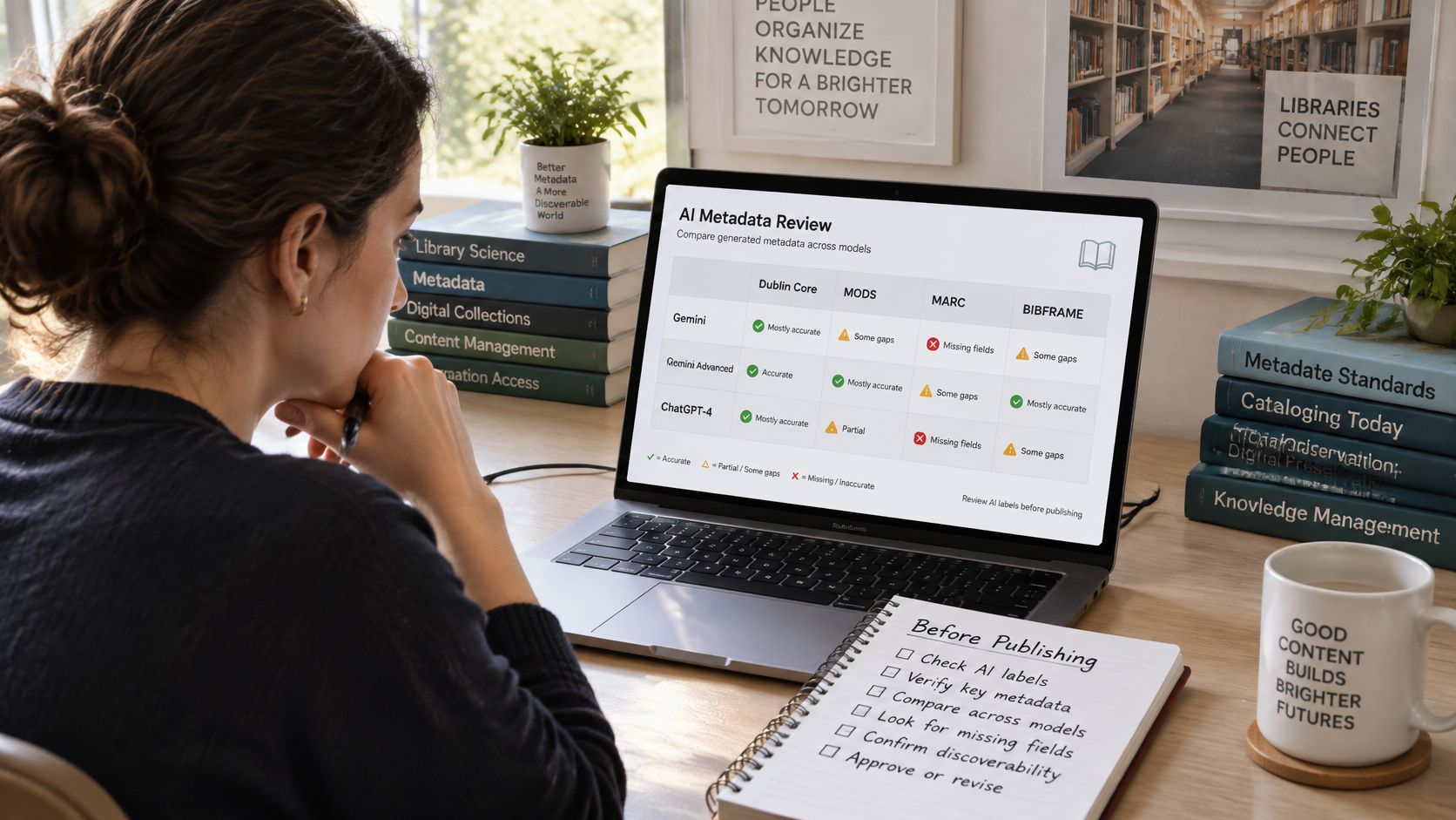 A woman reviewing AI-generated metadata for library standards on her laptop while working at a desk.